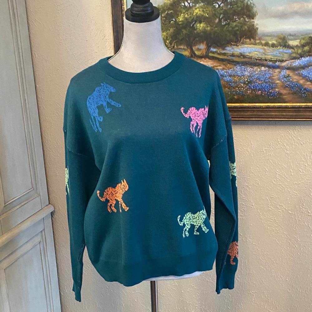 Entro Teal Sweater with Multicolor Animal Design